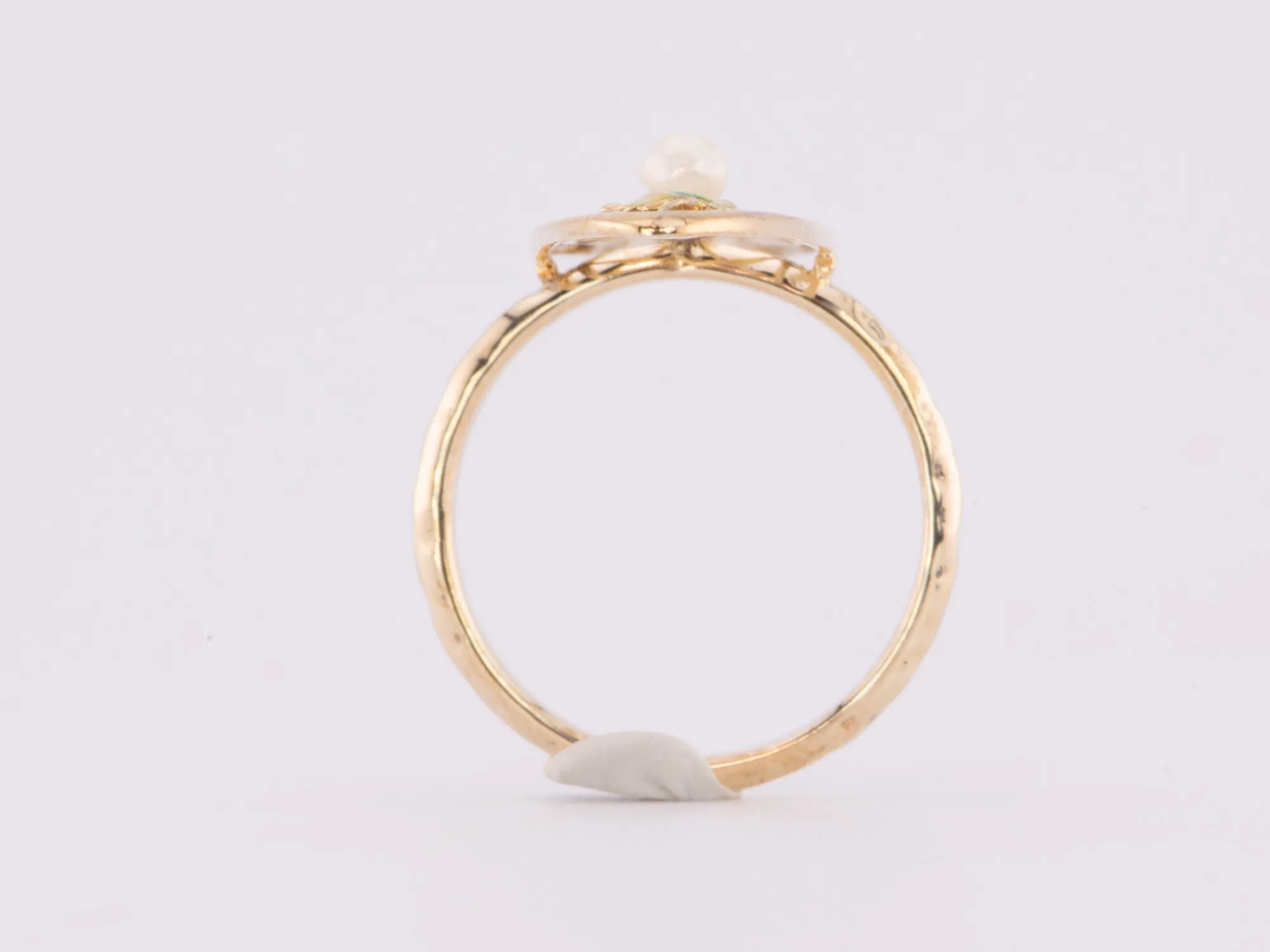 14K Gold Navette Ring Vintage Pin Conversion with Natural Pearl and Enamel R6647