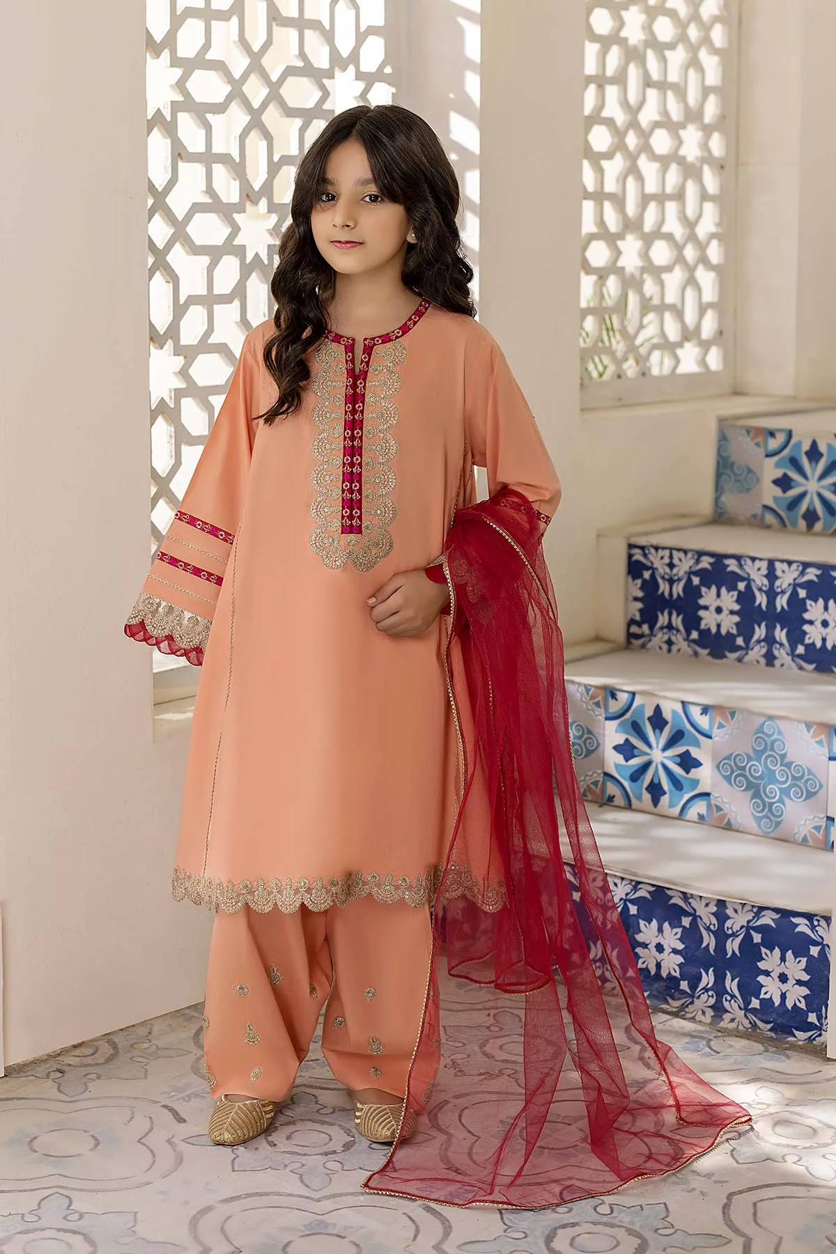 3 PC A-Line Shirt With Net Dupatta and Cotton Shalwar CKP22-12