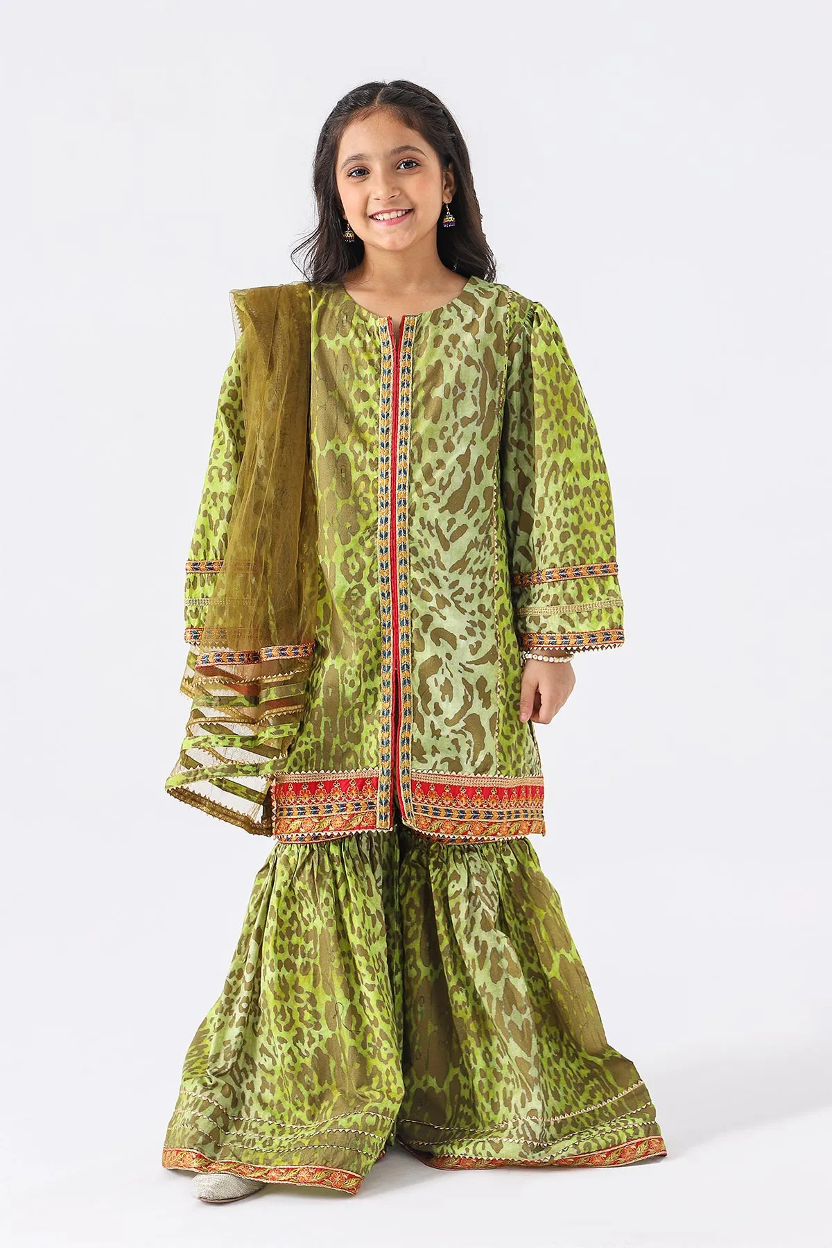 3-Pc Embroidery Lawn Shirt with Gharara & Net Dupatta EDK-3-017