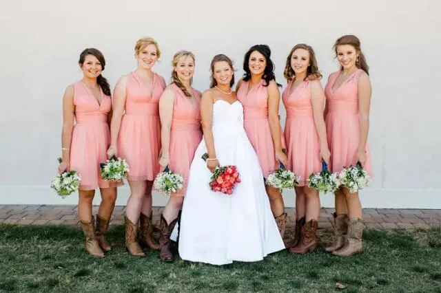 Amazing Rustic Country Coral Short Summer Chiffon Bridesmaid Dresses with Cowboy Boots