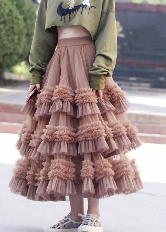 Beautiful Pink Ruffled High Waist Tulle Skirt Spring AB1028