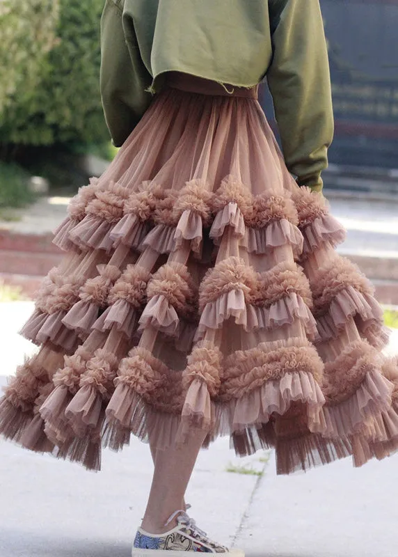 Beautiful Pink Ruffled High Waist Tulle Skirt Spring AB1028