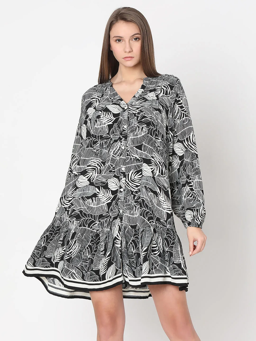 Black Leaf Printed Shift Dress