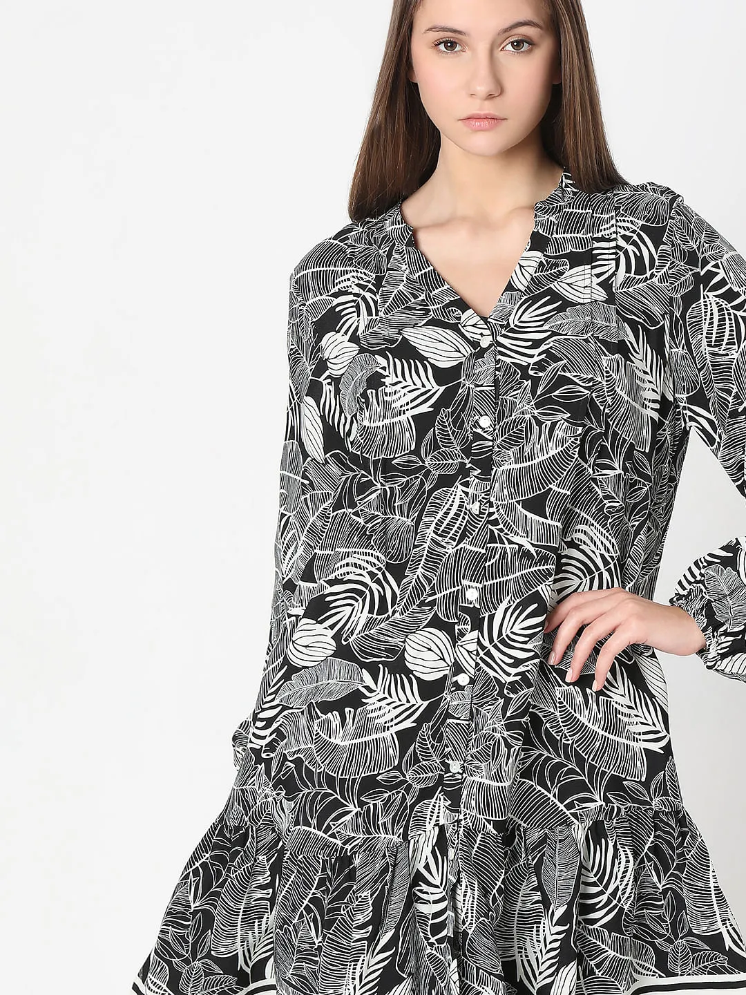 Black Leaf Printed Shift Dress