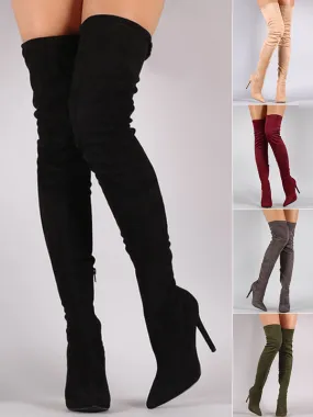 Black Thight High Boots Pointed Toe Suede Over Knee Boots Elastic Boots