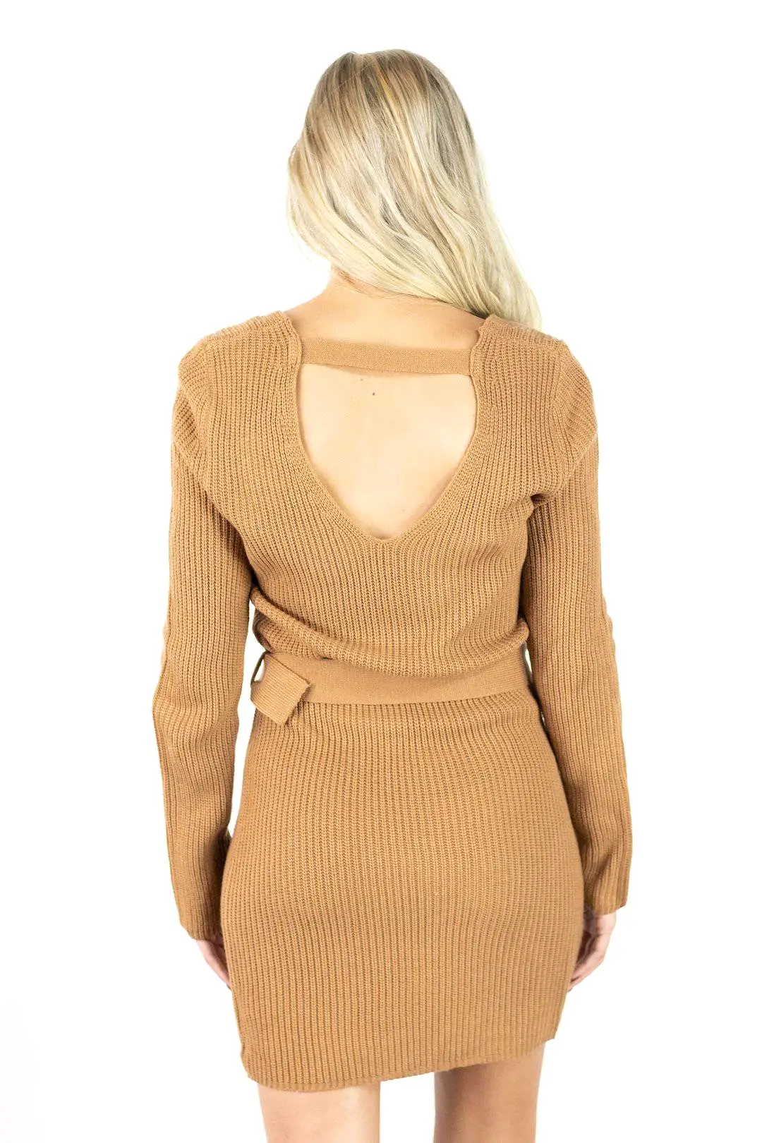 Body-con V Neck Dress with Open Back -  Tan