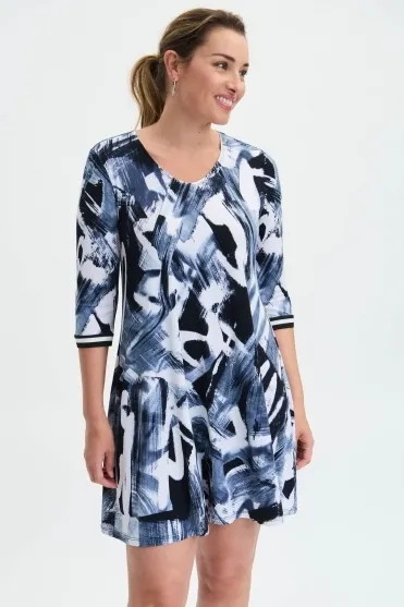 Brush Stroke Print Shift Dress - Midnight Blue/Multi - 231112-3316