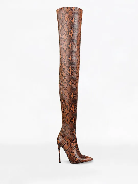 Camel Python Lycra Stiletto Thigh High Boots