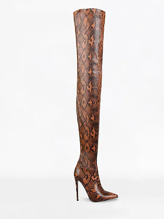 Camel Python Lycra Stiletto Thigh High Boots