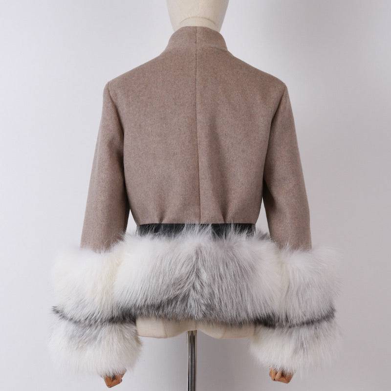 Cashmere Jacket with Dusty White Fox Fur Trim Leather Waist Tie