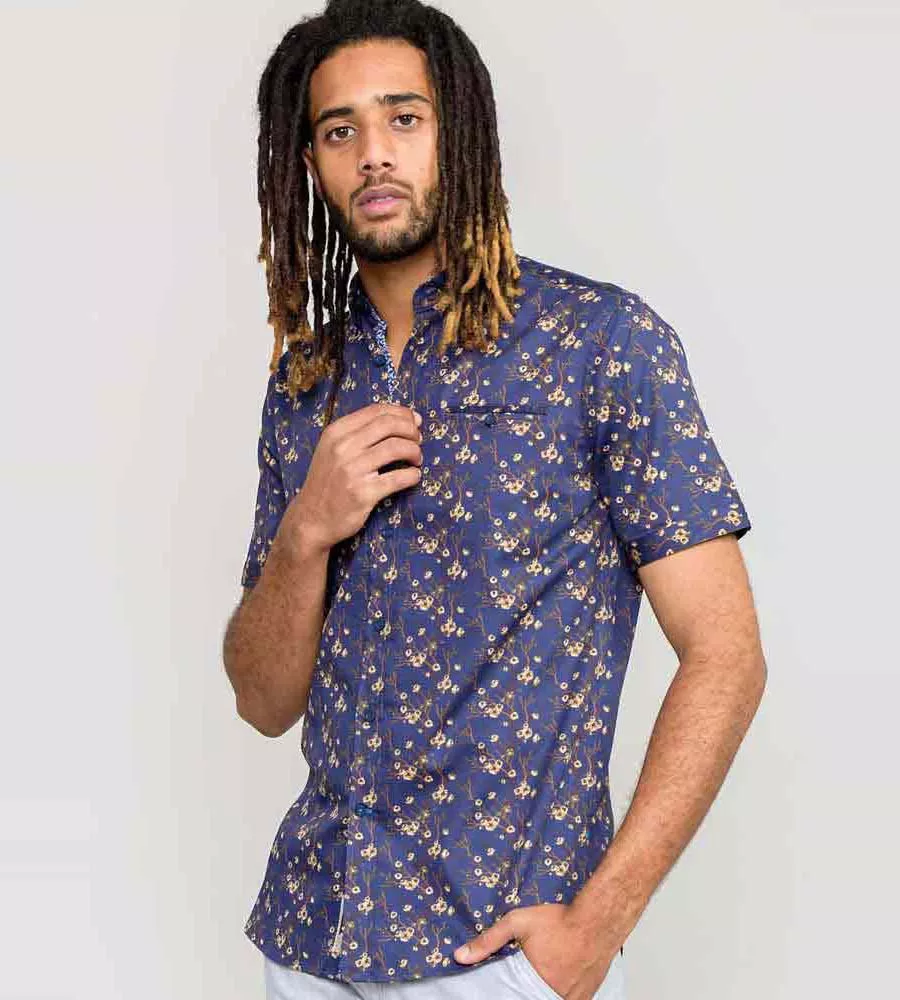 D555 Mens Navy Short Sleeve Shirt With Floral Print (KINGSTON)