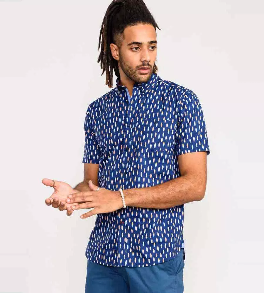 D555 Mens Navy Short Sleeve Shirt With Surfboard Print (HACKFORD)