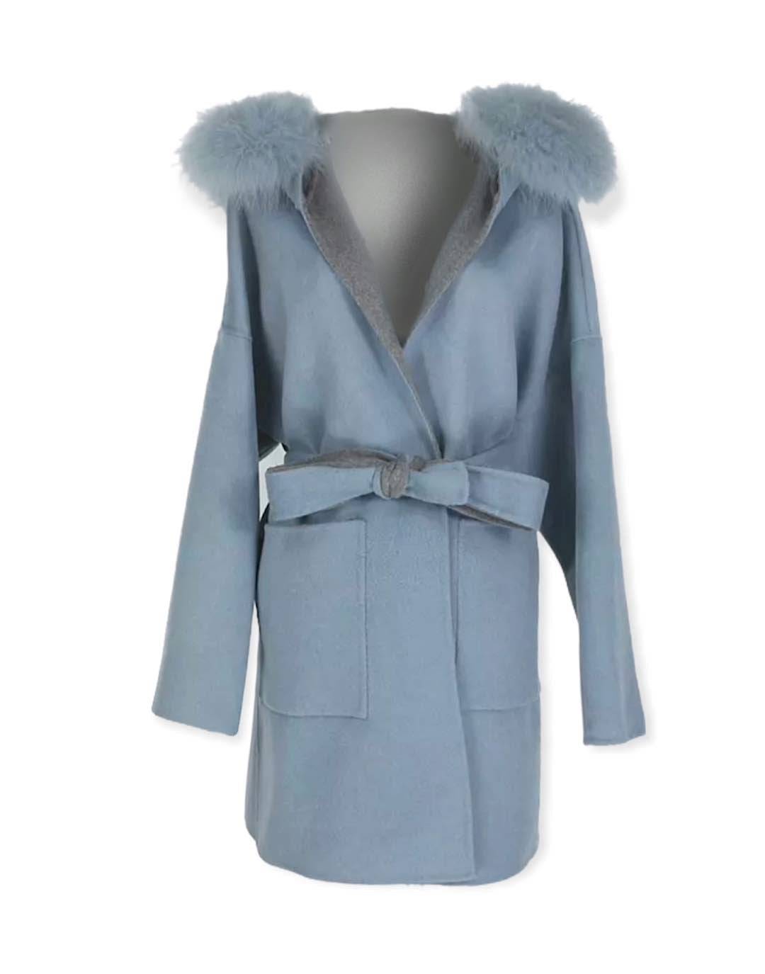 Double Faced Belted Wool Cashmere Coat With Fur Hoodie In Blue