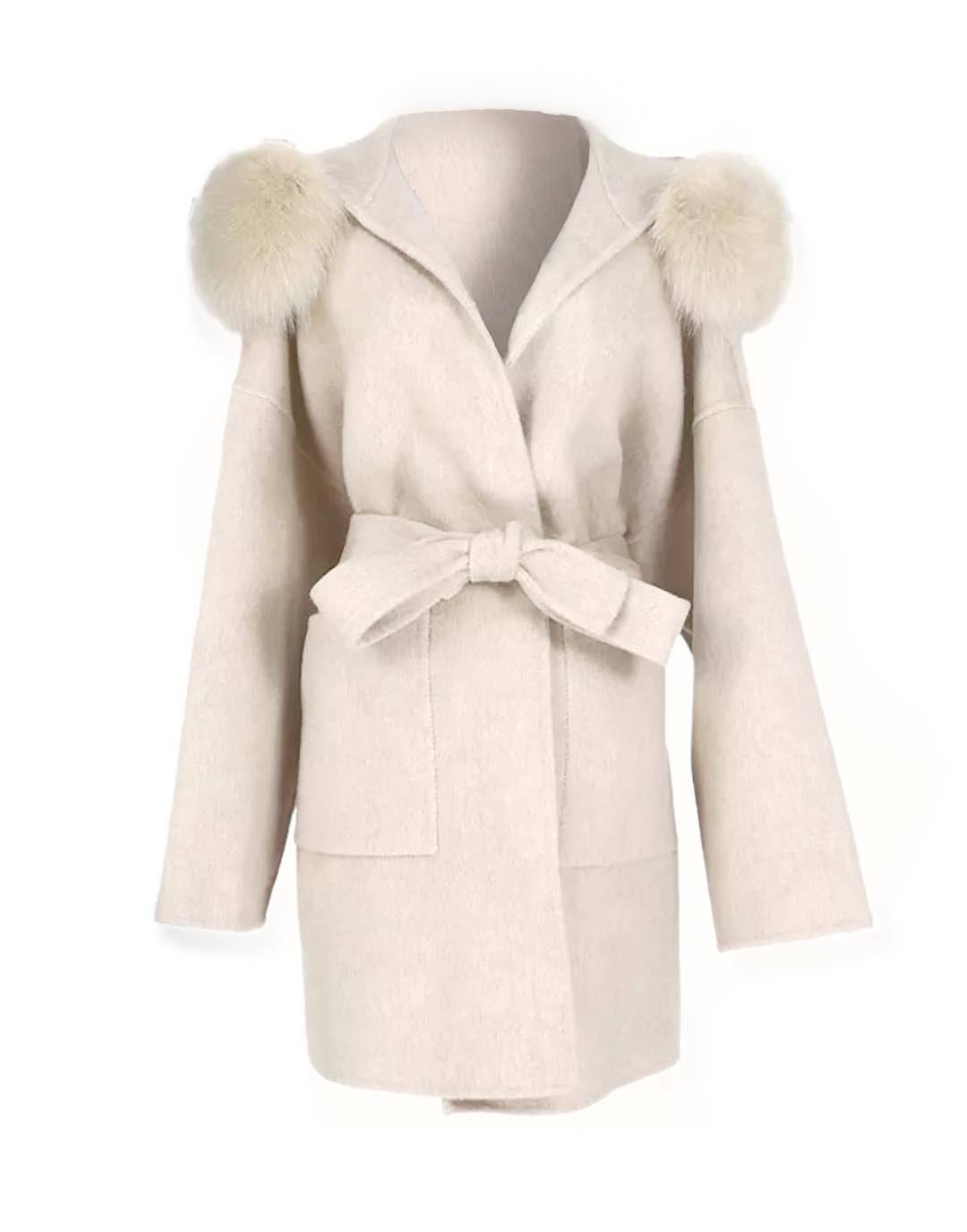 Double Faced Belted Wool Cashmere Coat With Fur Hoodie