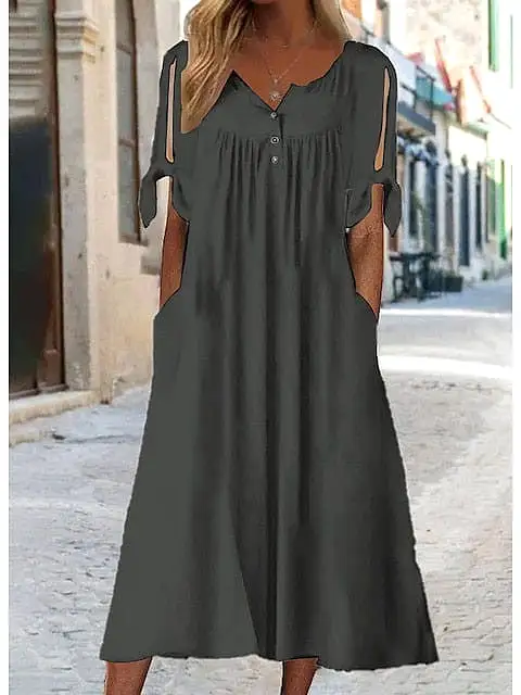 Elegant Button V Neck Shift Dress for Women - Black White Green - S M L XL XXL - Short Sleeve Midi Dress Casual Basic Daily Wear