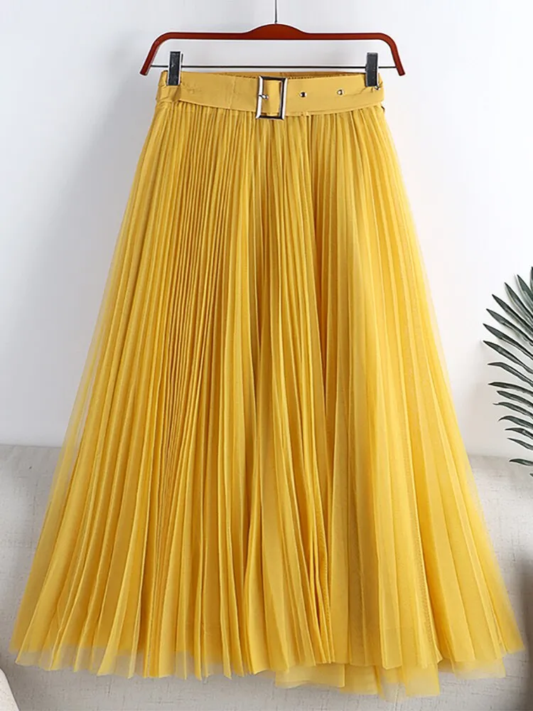 Elegant Long Women Tulle Pleated Skirt With Belt High Waist Solid Mesh Midi Skirt