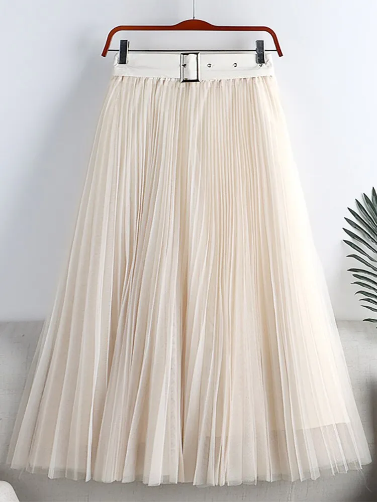 Elegant Long Women Tulle Pleated Skirt With Belt High Waist Solid Mesh Midi Skirt