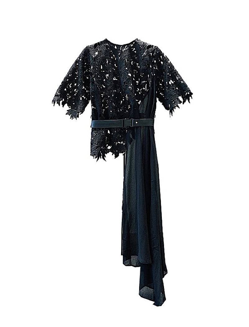 Embroidered Lace Top With Long Chiffon Side In Black