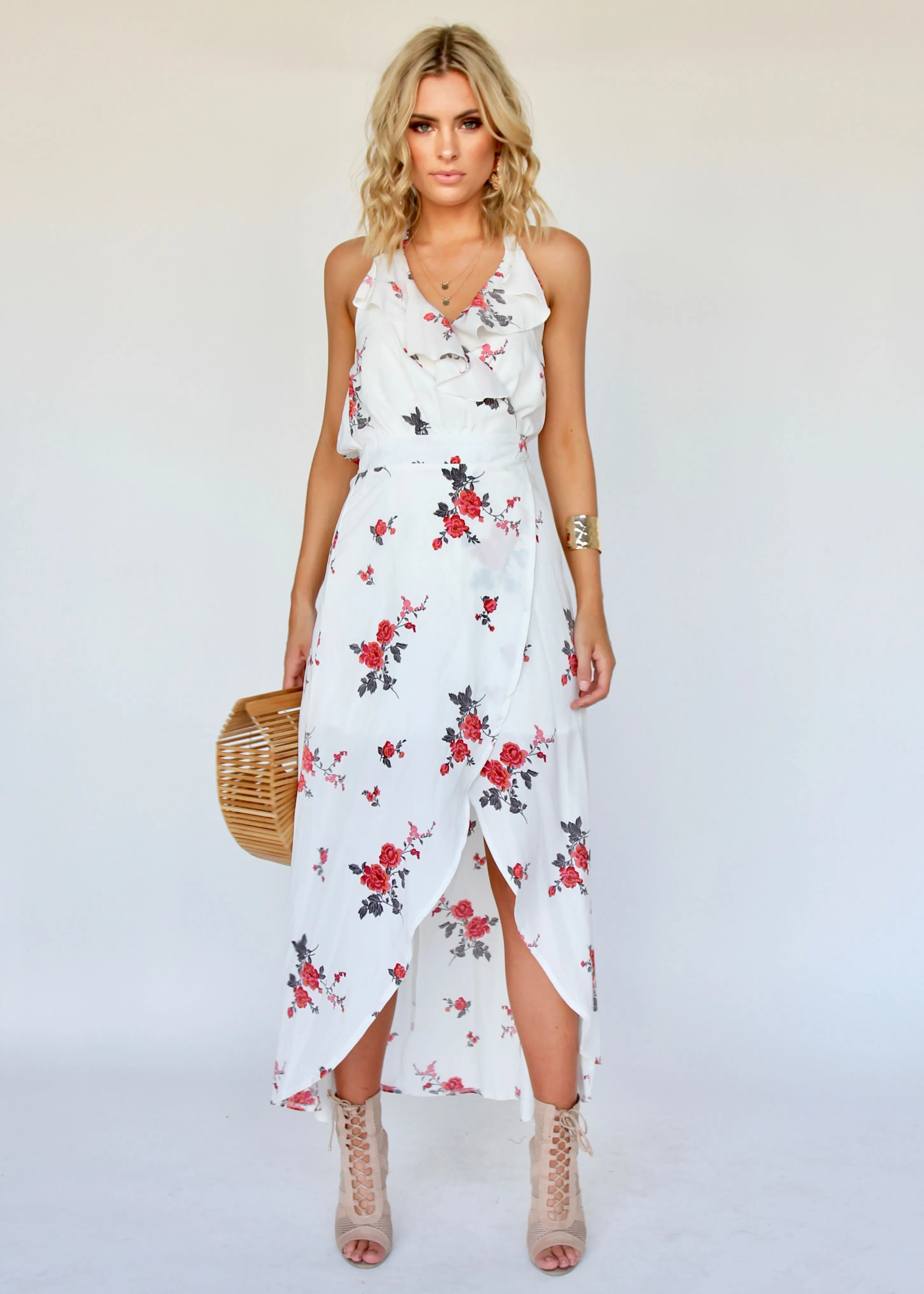 Emerald City Wrap Maxi Dress - White Roses