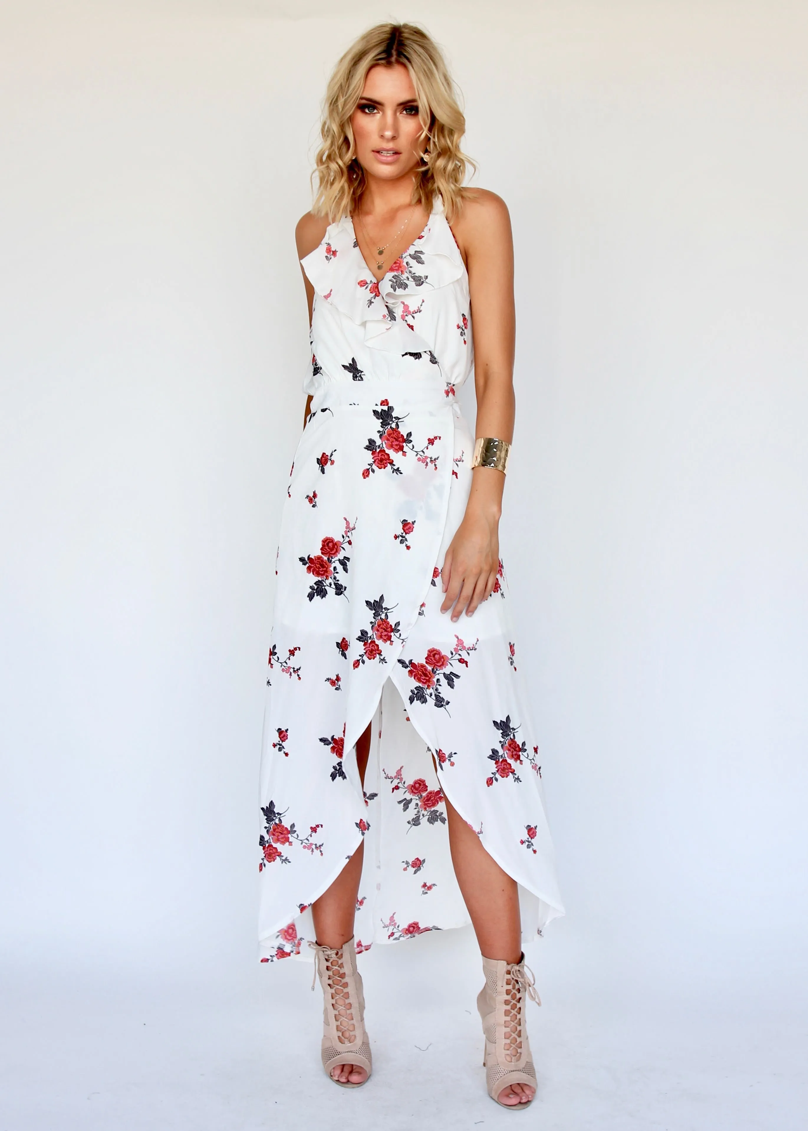 Emerald City Wrap Maxi Dress - White Roses