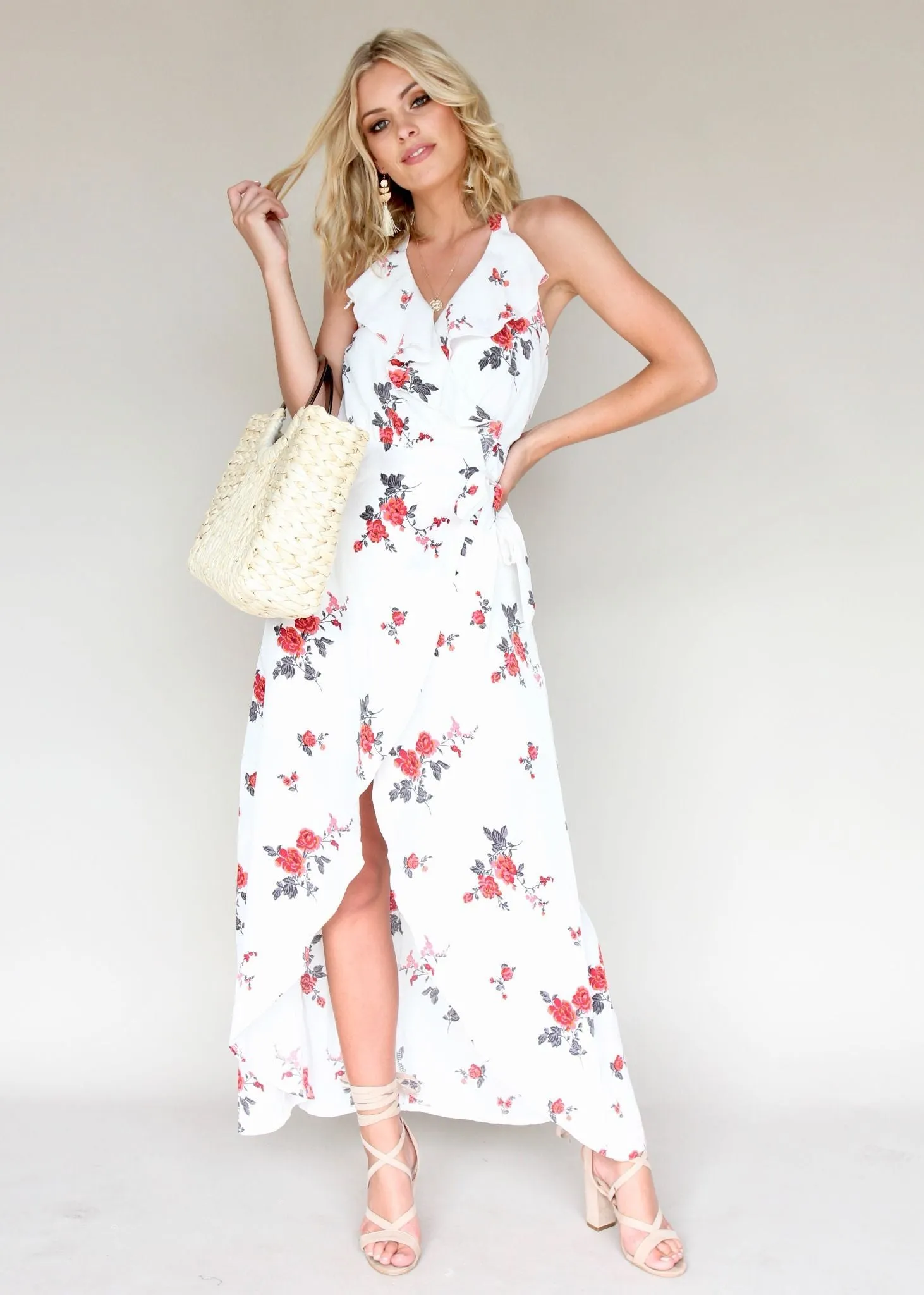 Emerald City Wrap Maxi Dress - White Roses