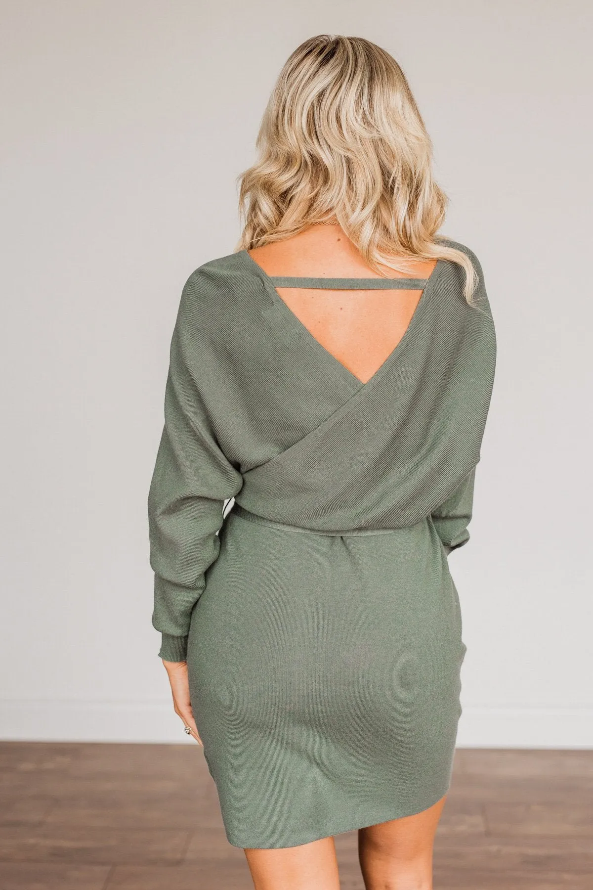 Feeling Smitten Long Sleeve Knit Dress- Olive