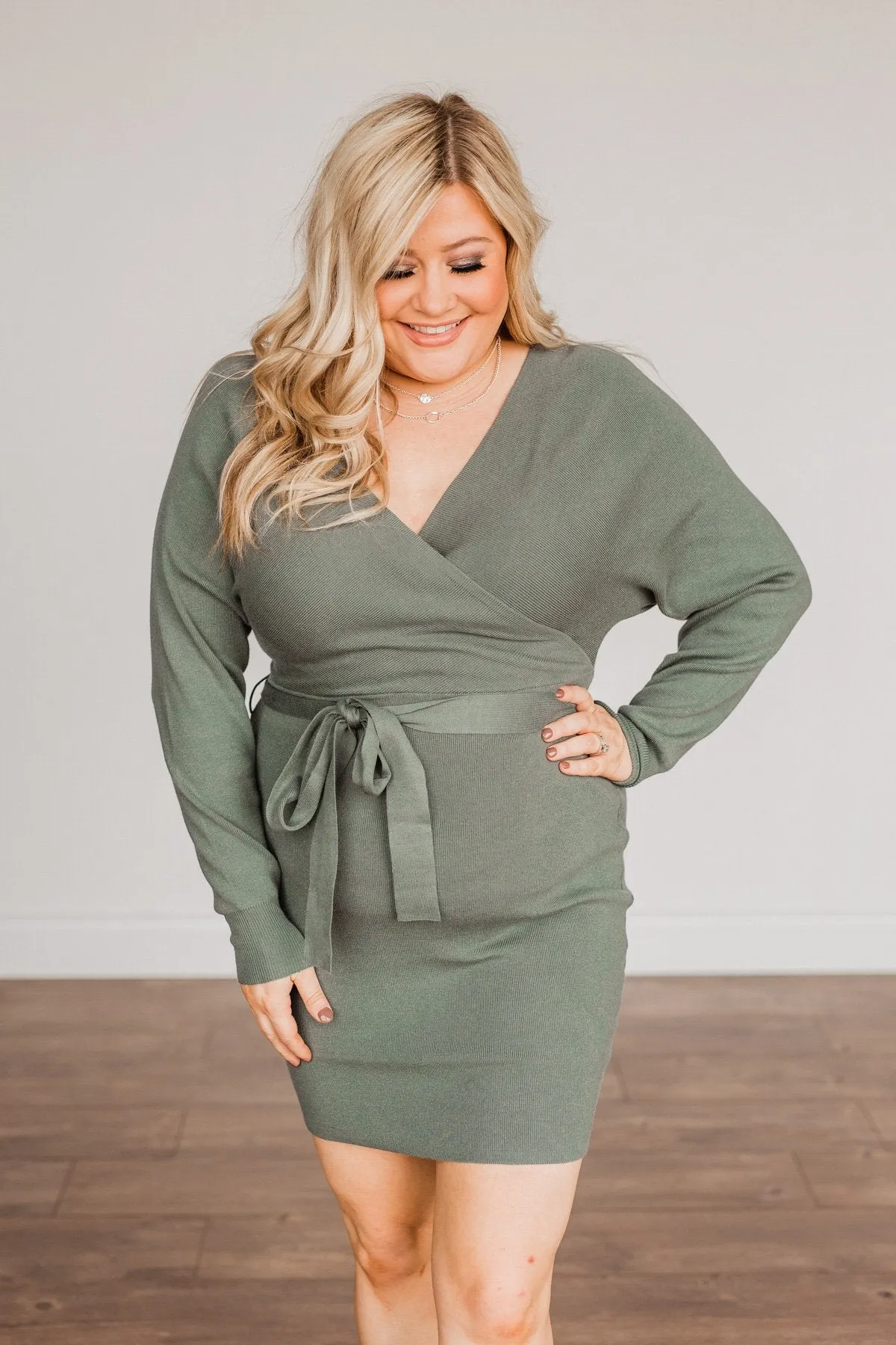 Feeling Smitten Long Sleeve Knit Dress- Olive