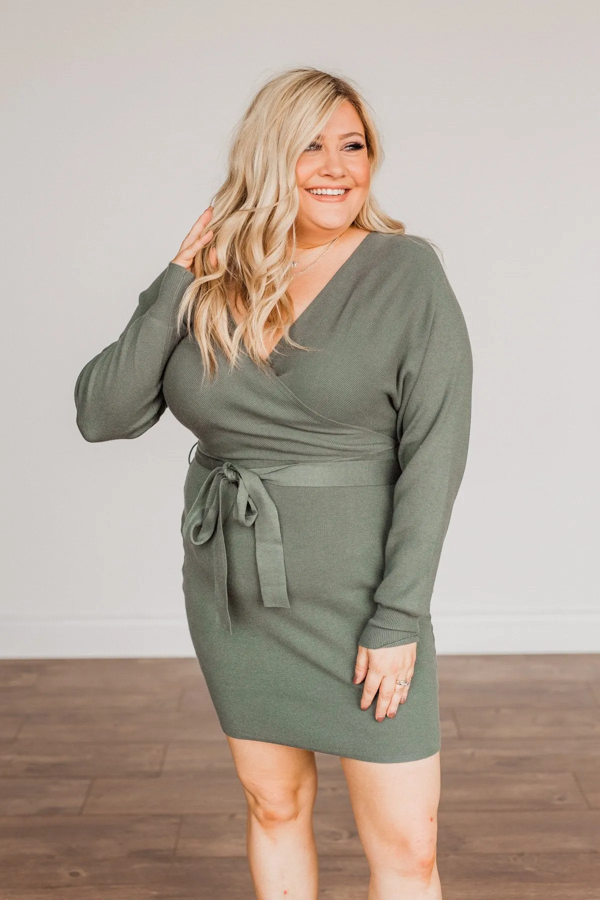 Feeling Smitten Long Sleeve Knit Dress- Olive