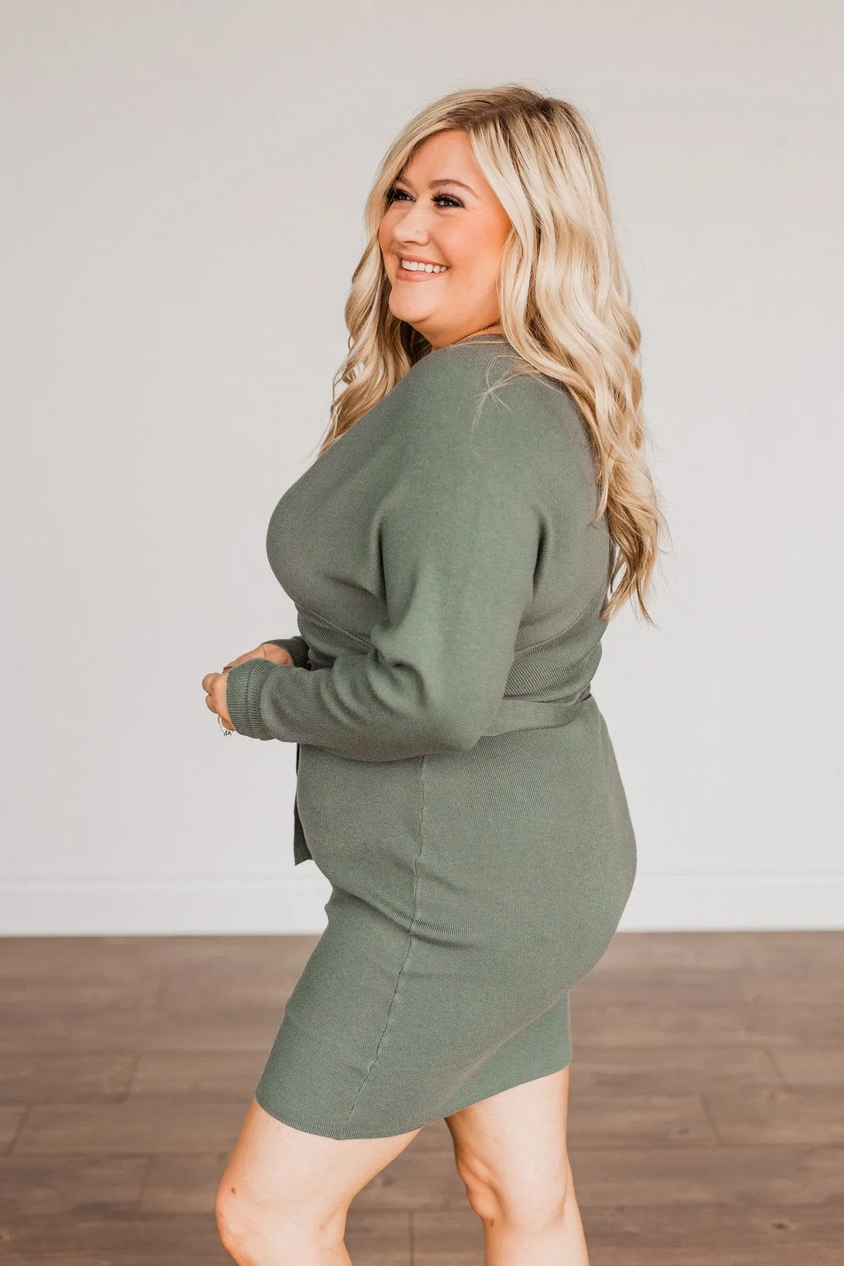 Feeling Smitten Long Sleeve Knit Dress- Olive