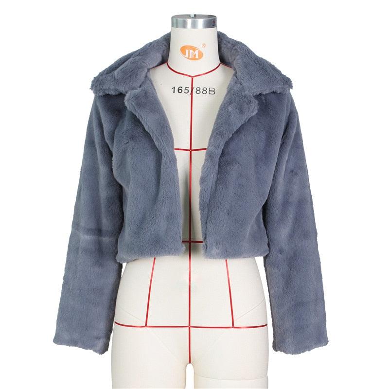 Fluffy Open Stitch Faux Fur Cropped Jacket with Long Sleeves