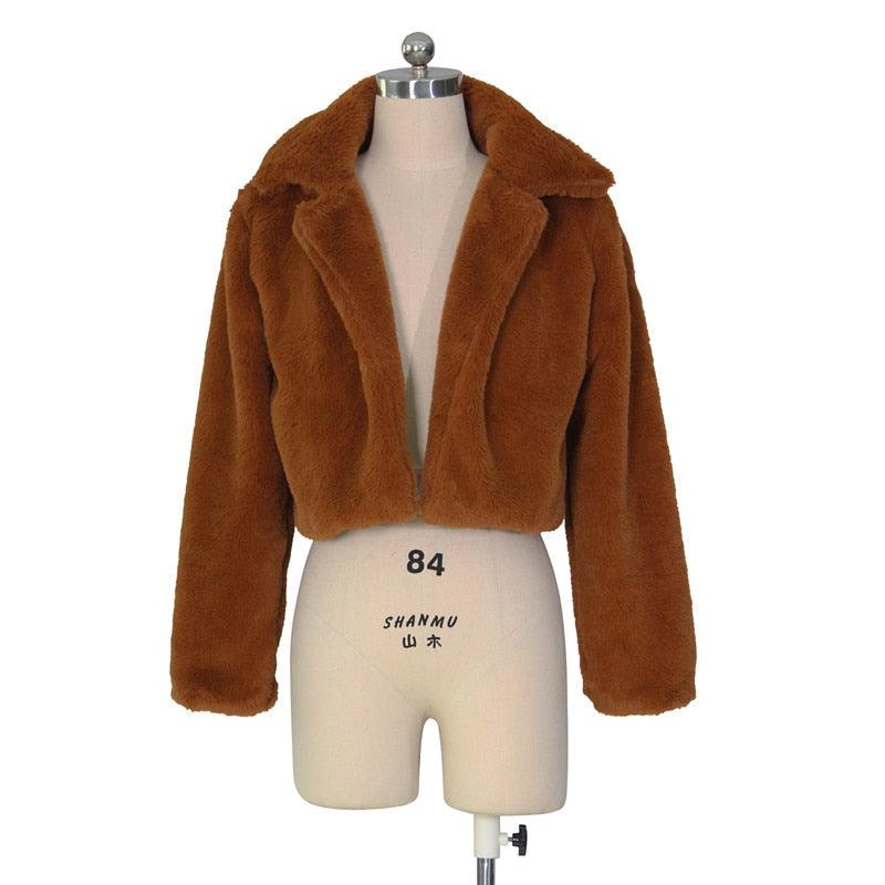 Fluffy Open Stitch Faux Fur Cropped Jacket with Long Sleeves