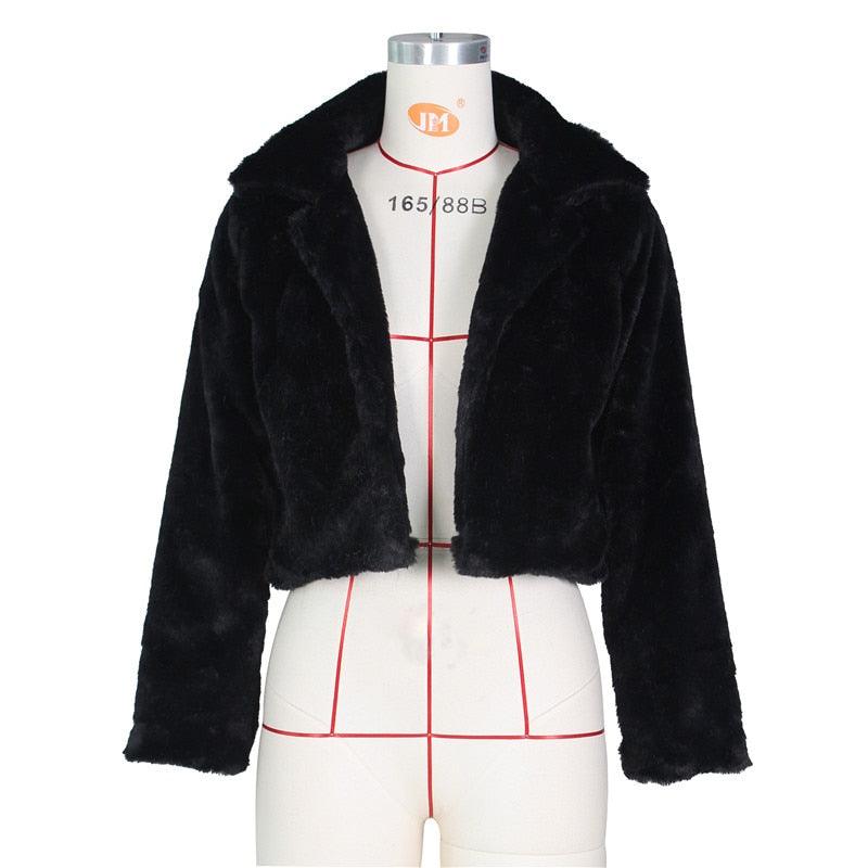 Fluffy Open Stitch Faux Fur Cropped Jacket with Long Sleeves