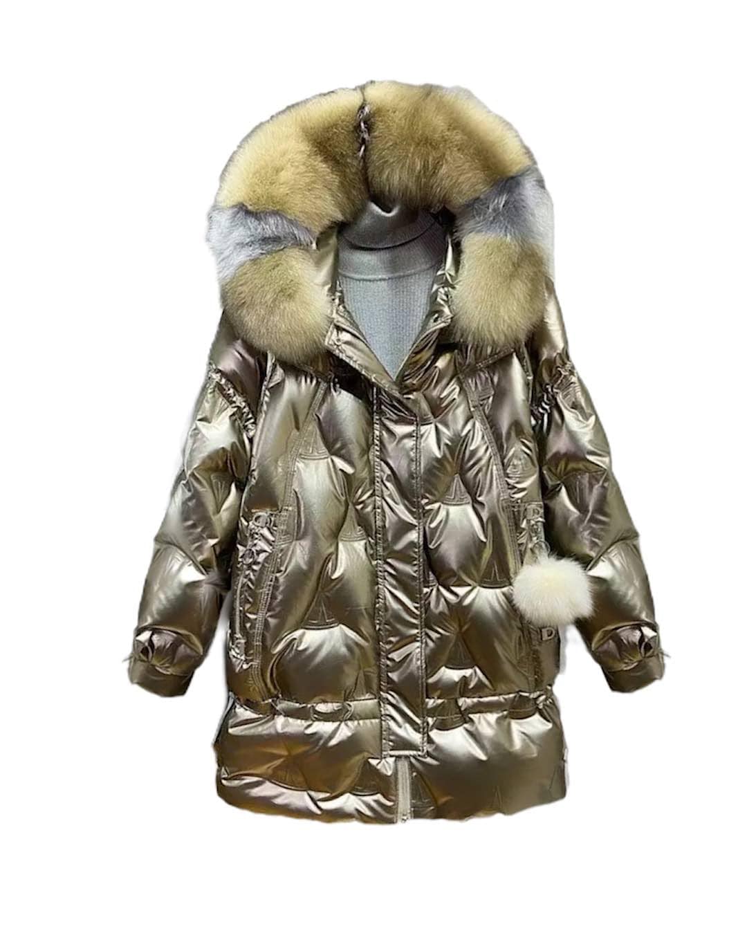 Fox Fur Hoodie Loose Metallic Coat