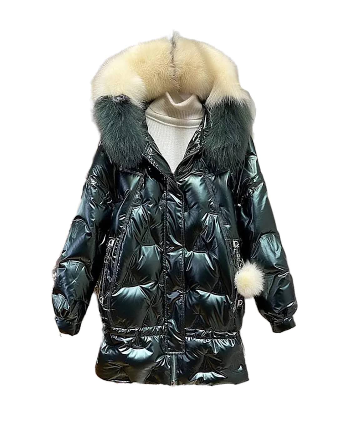 Fox Fur Hoodie Loose Metallic Coat