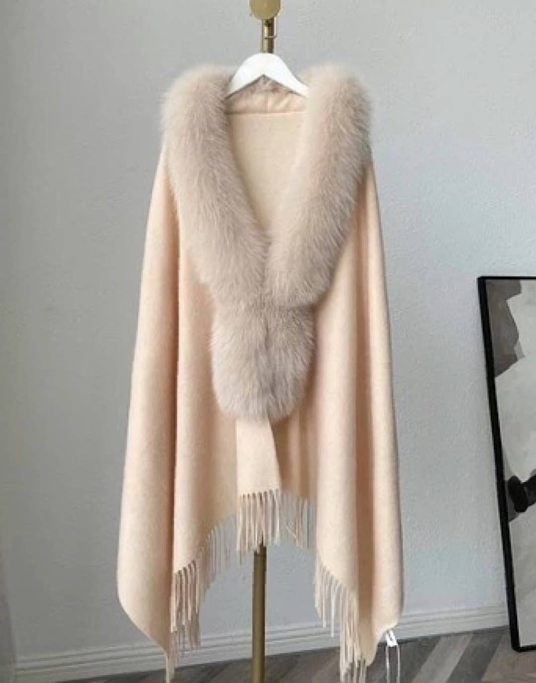 Fox Fur Trimmed Poncho Shawl