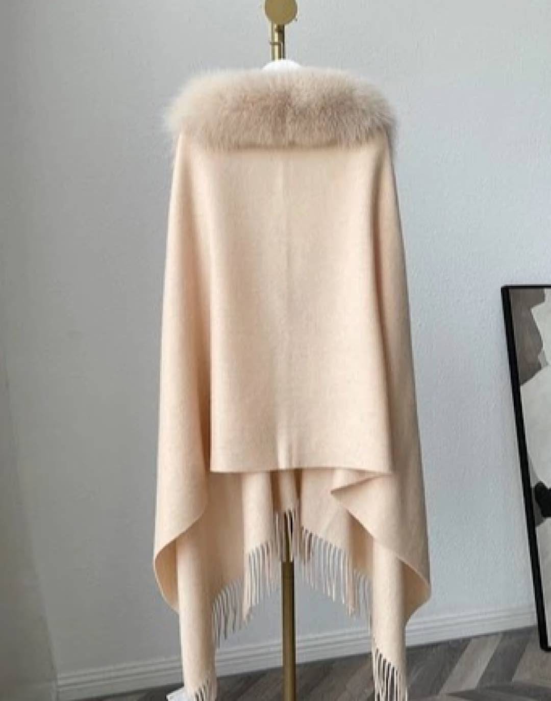 Fox Fur Trimmed Poncho Shawl