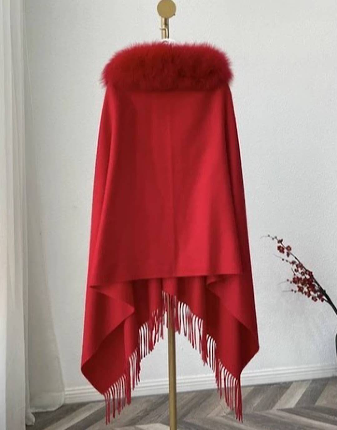 Fox Fur Trimmed Poncho Shawl