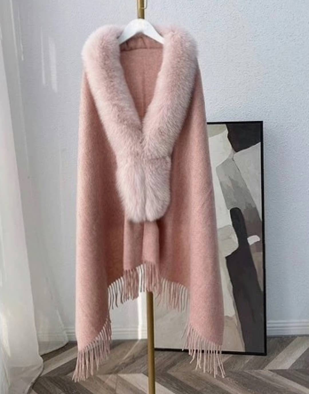 Fox Fur Trimmed Poncho Shawl