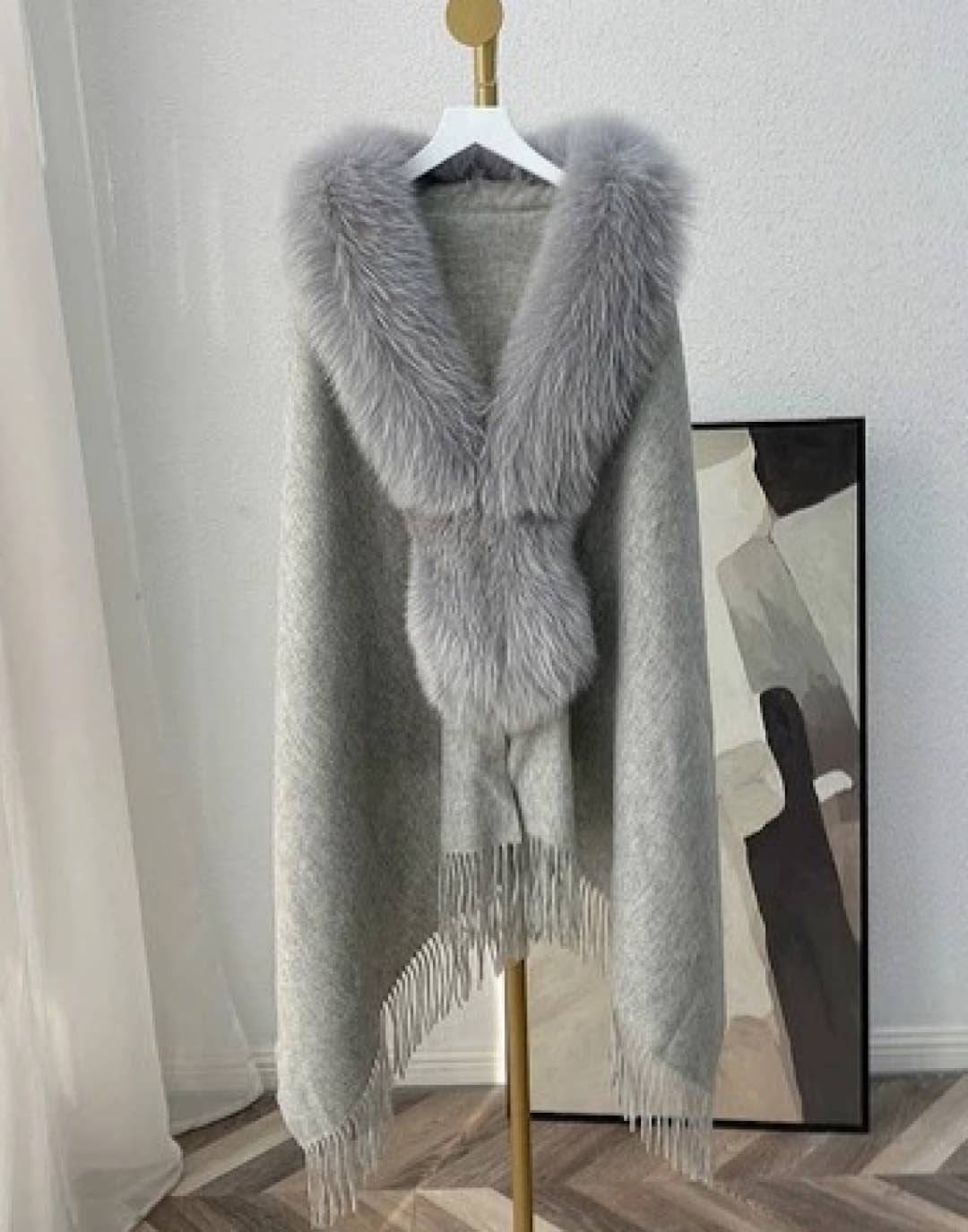 Fox Fur Trimmed Poncho Shawl