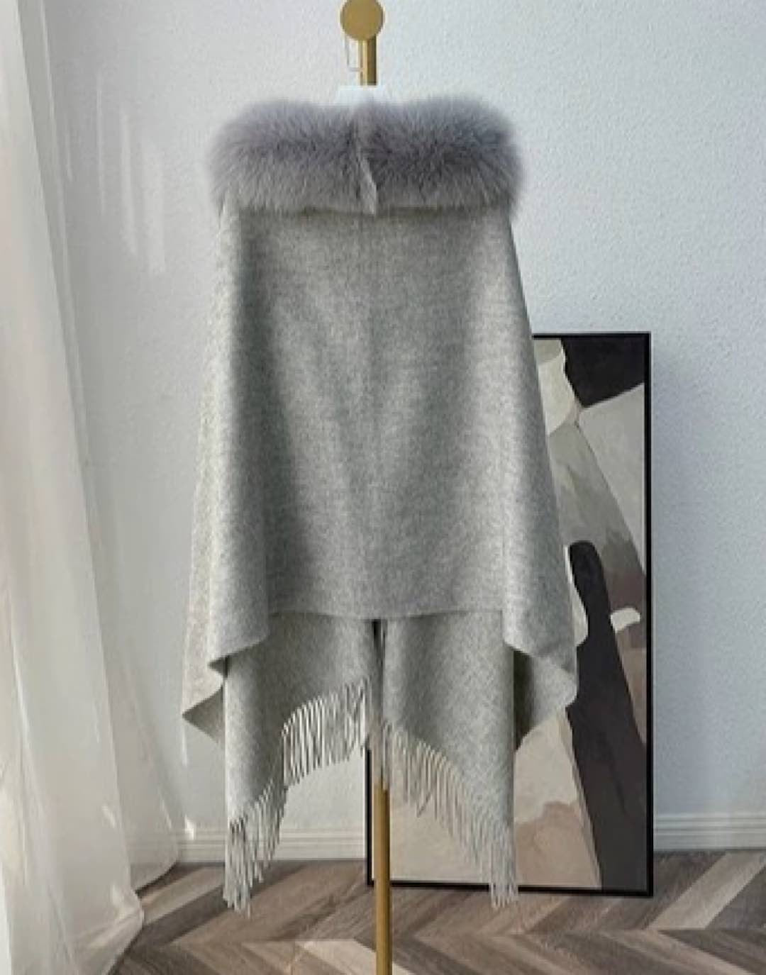 Fox Fur Trimmed Poncho Shawl