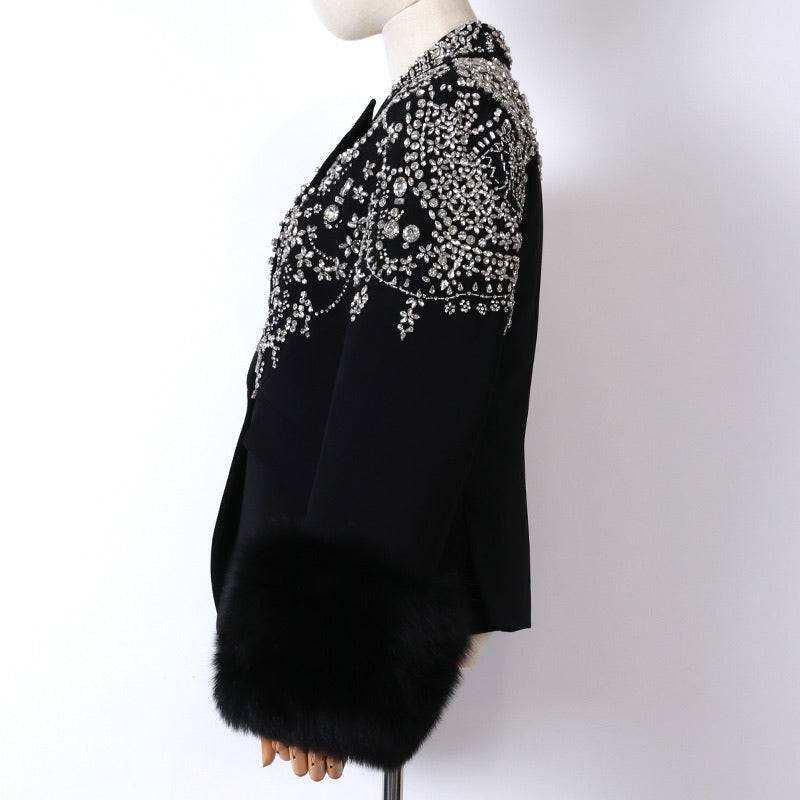 Fox Sleeve Crystal Decorated Black Blazer