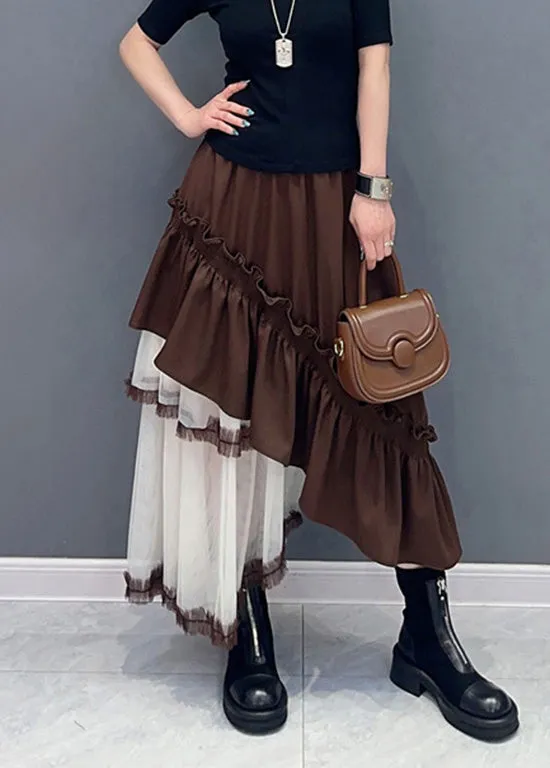 French Coffee Ruffled Pockets Patchwork Tulle Skirt Summer