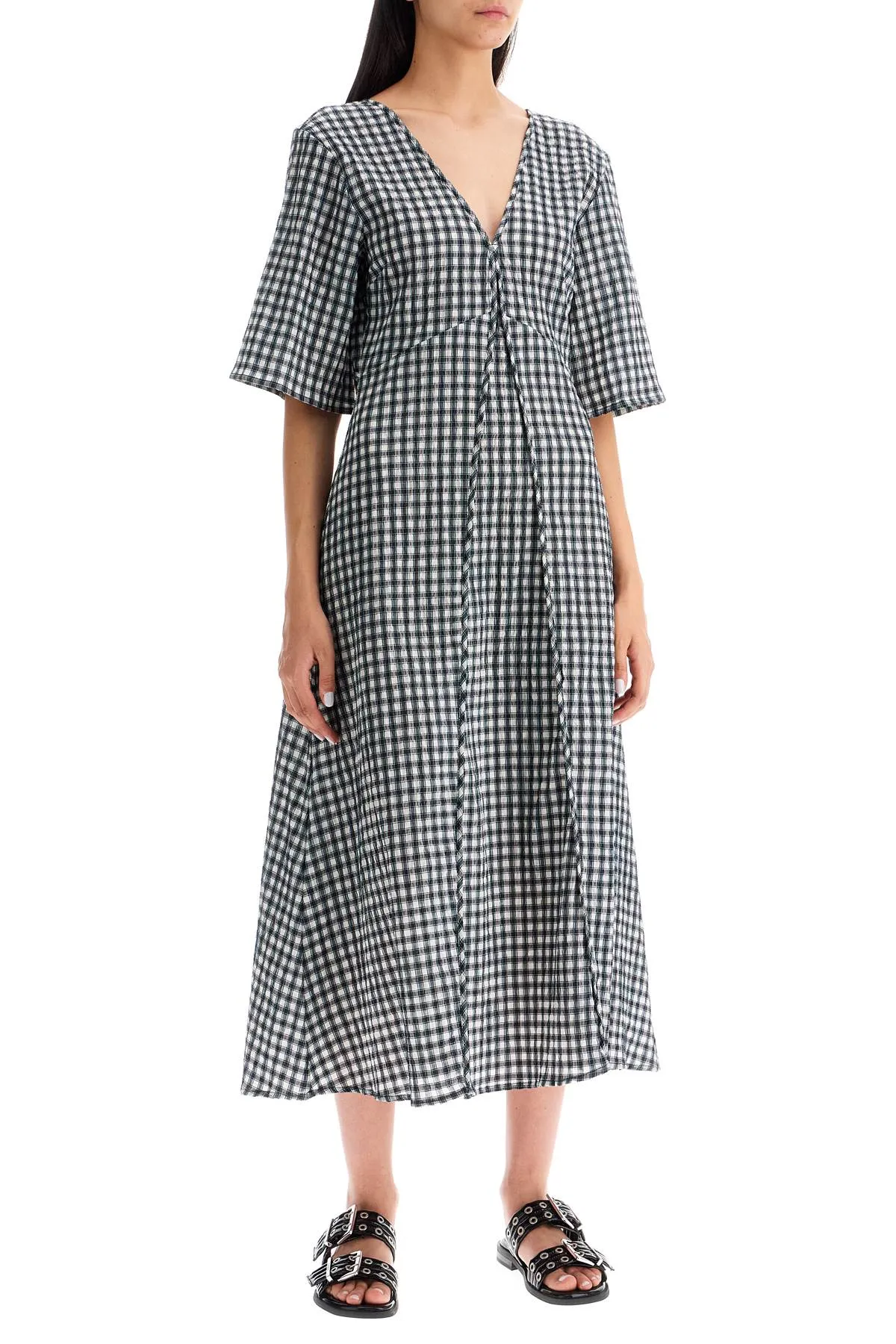 Ganni Midi Seersucker Check Dress   White