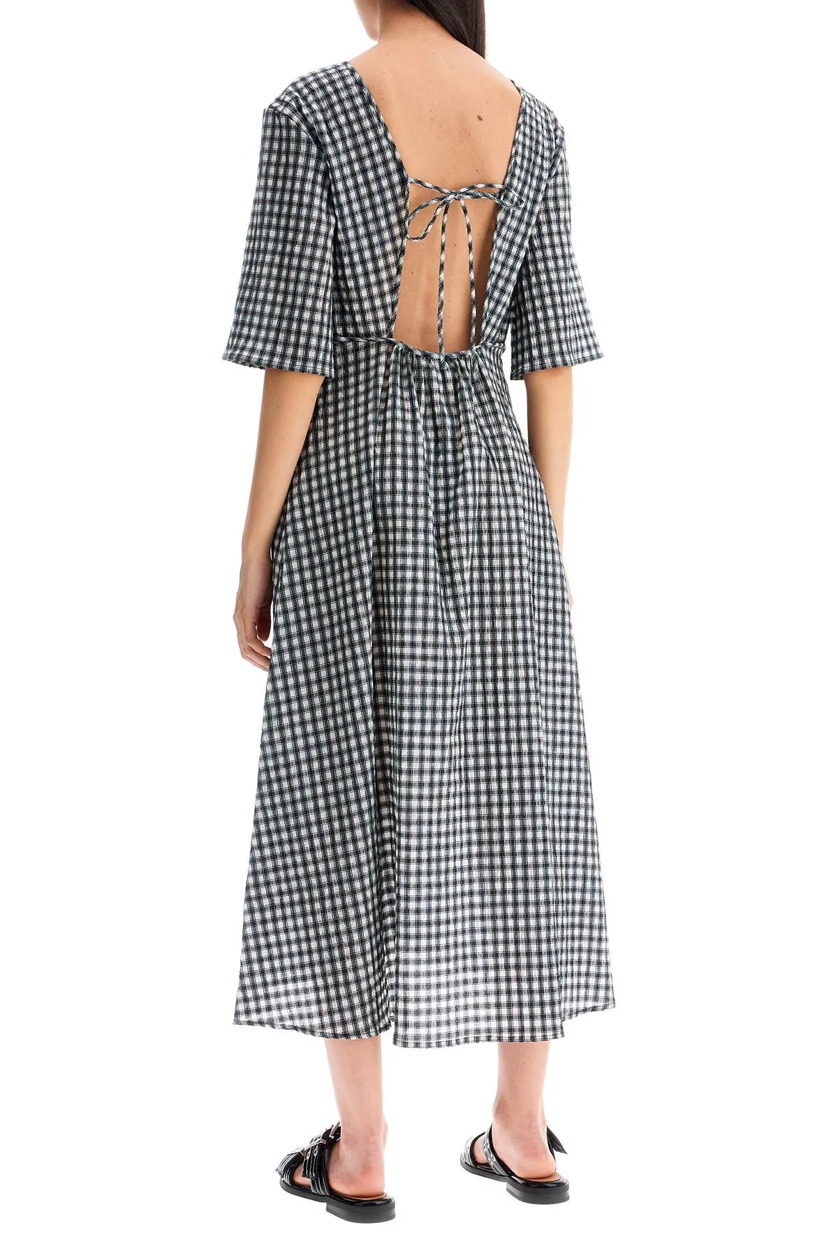 Ganni Midi Seersucker Check Dress   White