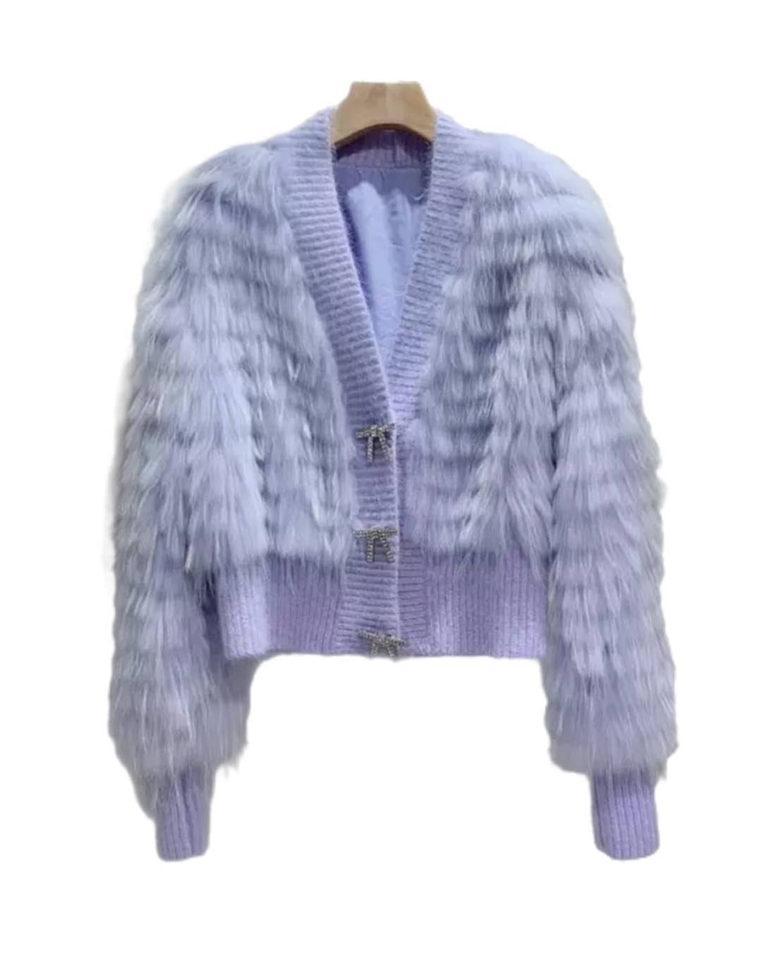 Genuine Raccoon Fur Ribbon Button Sweater