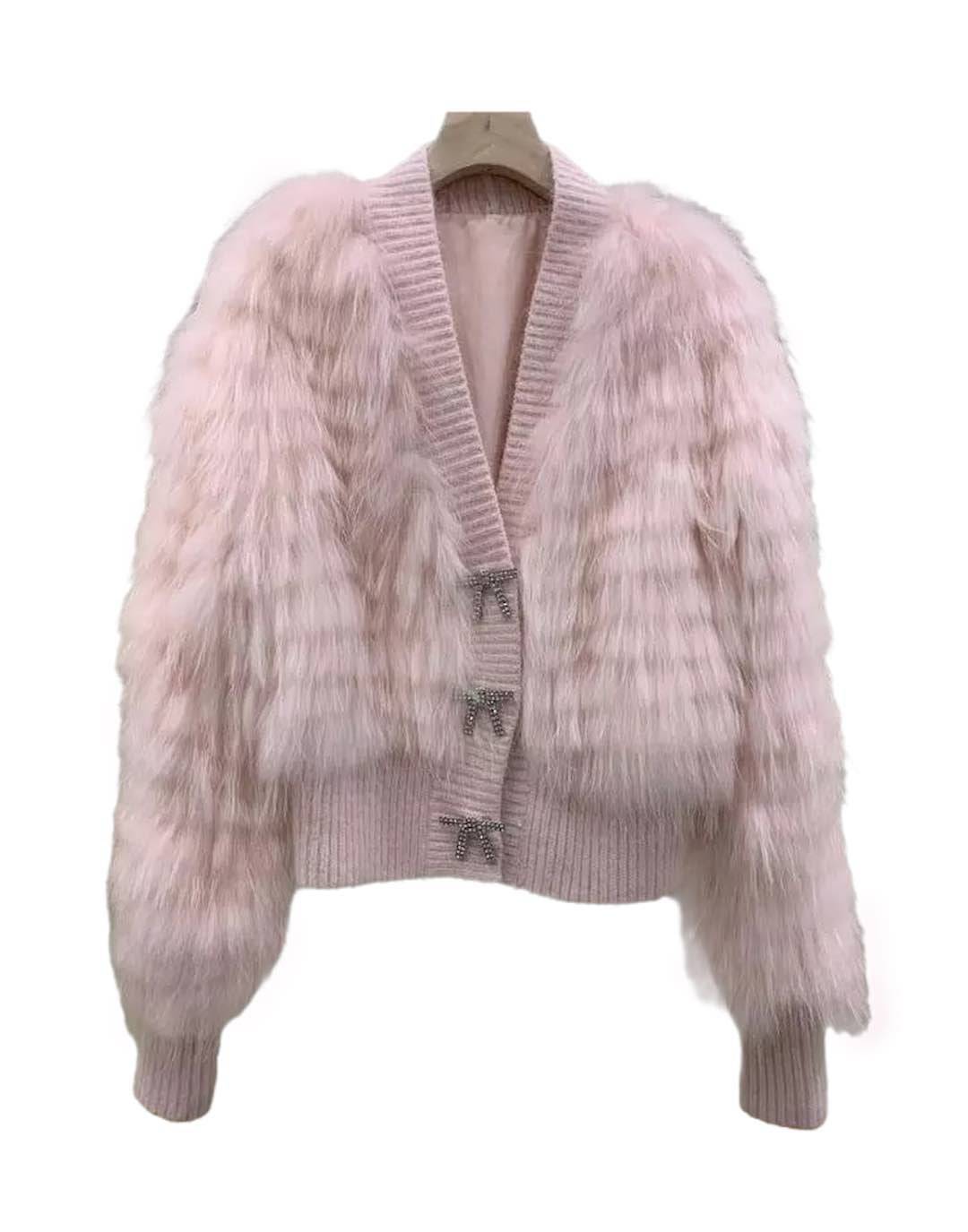 Genuine Raccoon Fur Ribbon Button Sweater