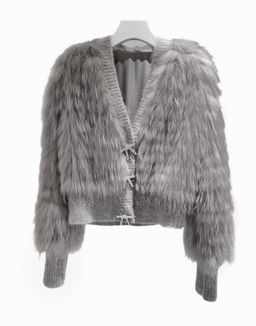 Genuine Raccoon Fur Ribbon Button Sweater