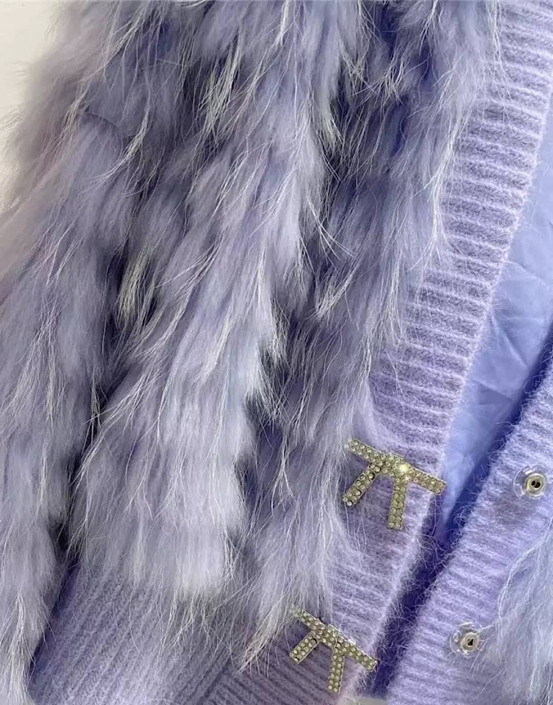 Genuine Raccoon Fur Ribbon Button Sweater