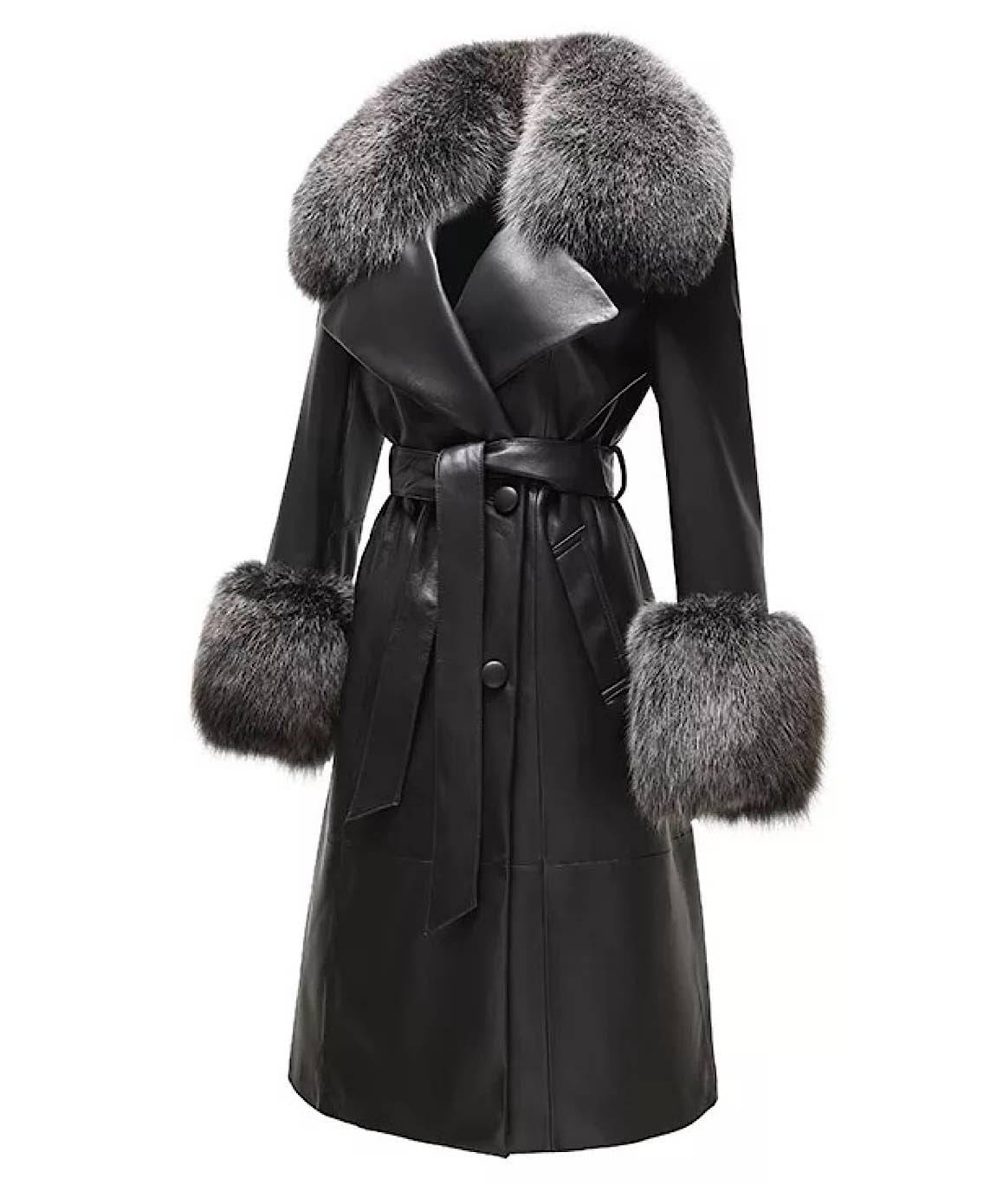 Genuine Sheepskin Leather Fox Fur Trimmed Coat In Black