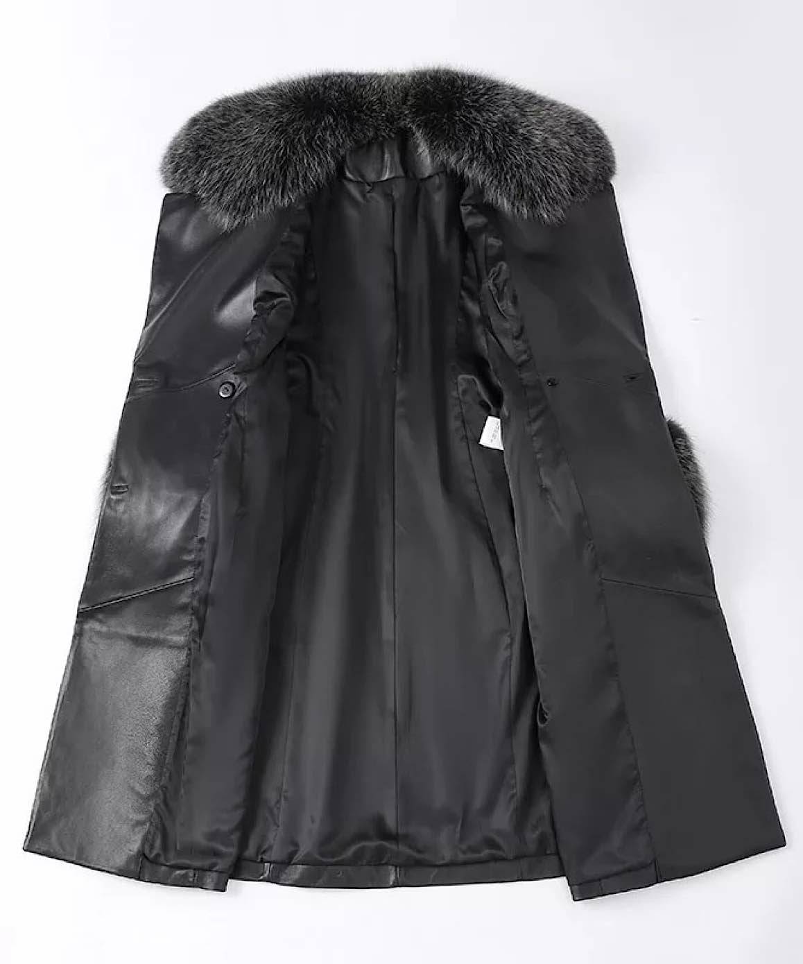 Genuine Sheepskin Leather Fox Fur Trimmed Coat In Black